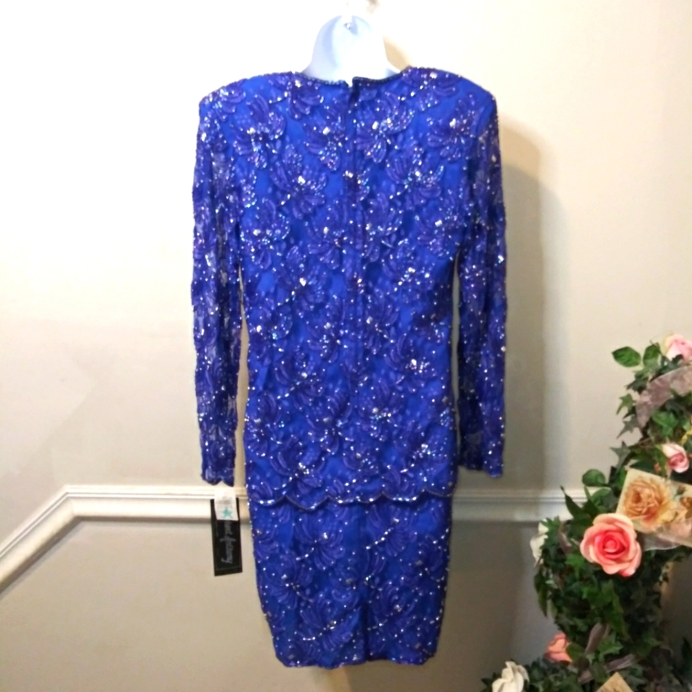 Vintage 1980's Robert Anthony Royal Blue & Purple Beaded Cocktail Dres - Picture 8 of 14